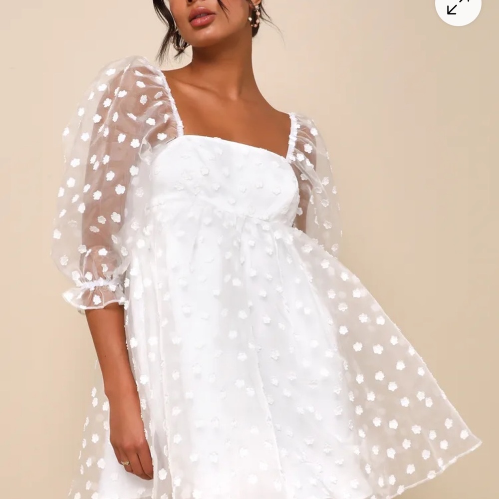 Lulu's Effervescent Charm White Organza Floral Babydoll Mini Dress